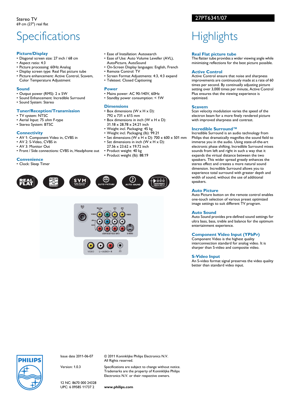 Specifications, Highlights | Philips 27PT6341-07 User Manual | Page 2 / 2