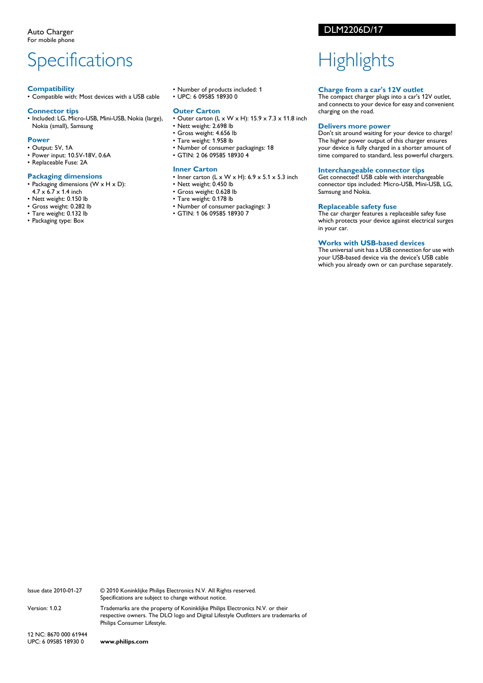 Specifications, Highlights | Philips DLM2206D-17 User Manual | Page 2 / 2