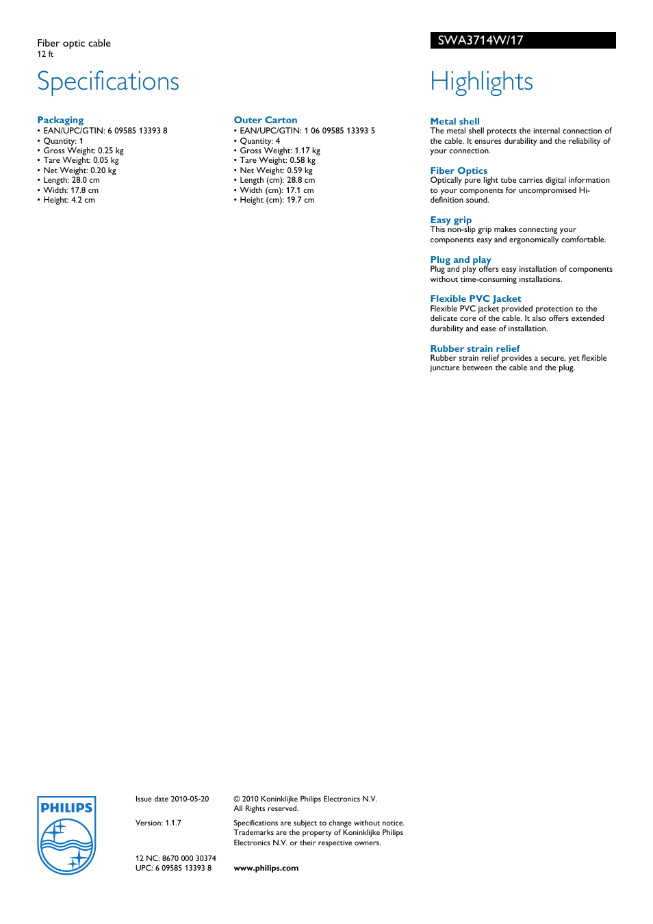 Specifications, Highlights | Philips SWA3714W-17 User Manual | Page 2 / 2