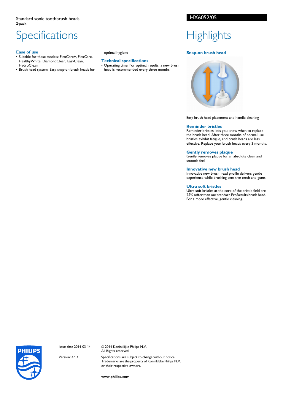Specifications, Highlights | Philips HX6052-05 User Manual | Page 2 / 2