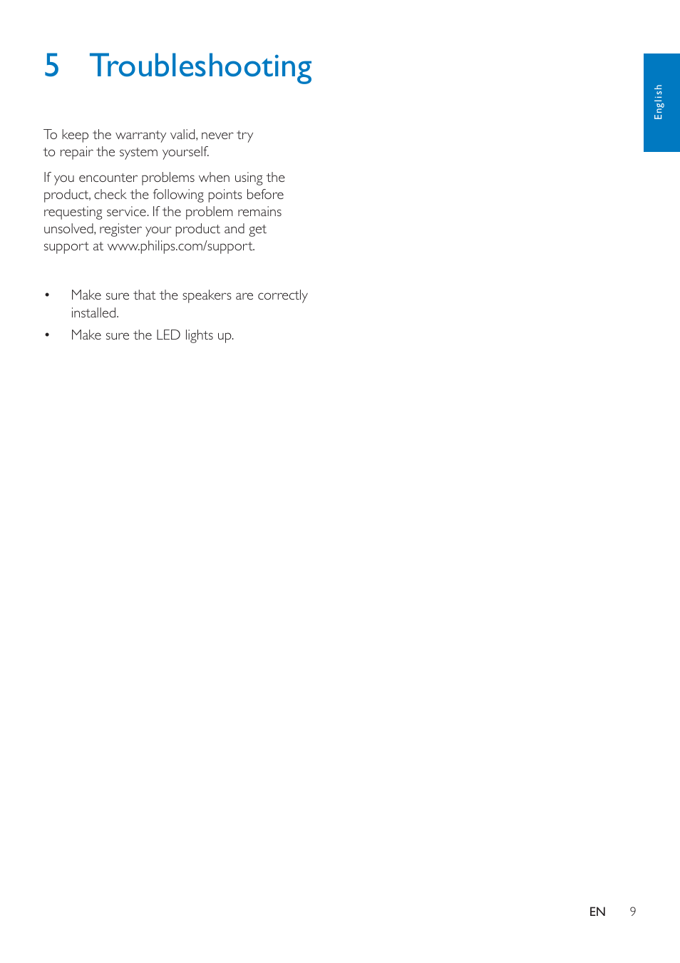 5 troubleshooting | Philips SPA4270BT-37 User Manual | Page 11 / 12
