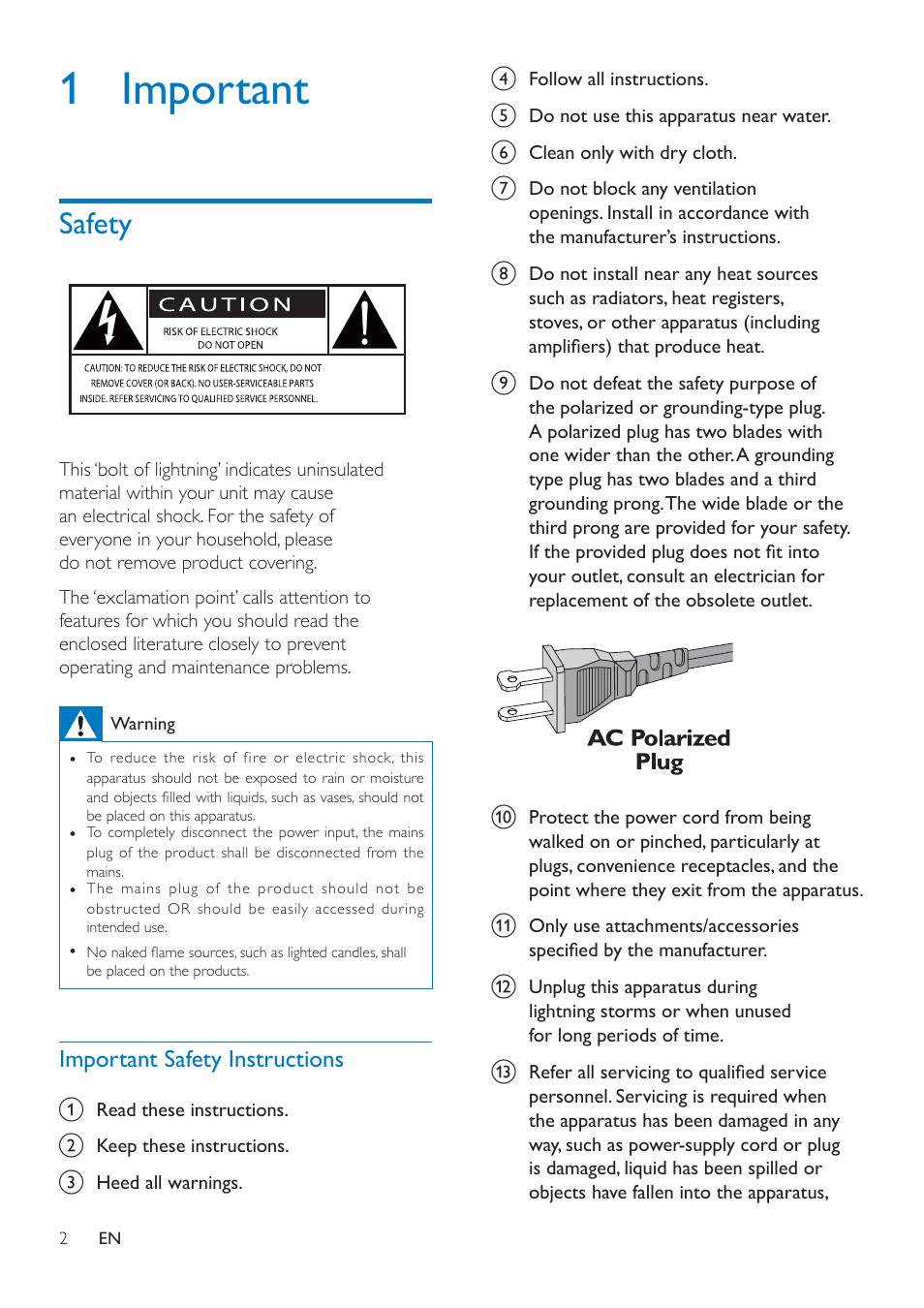 1 important, Safety, Safety 2 | Philips SPA4270BT-37 User Manual | Page 4 / 12