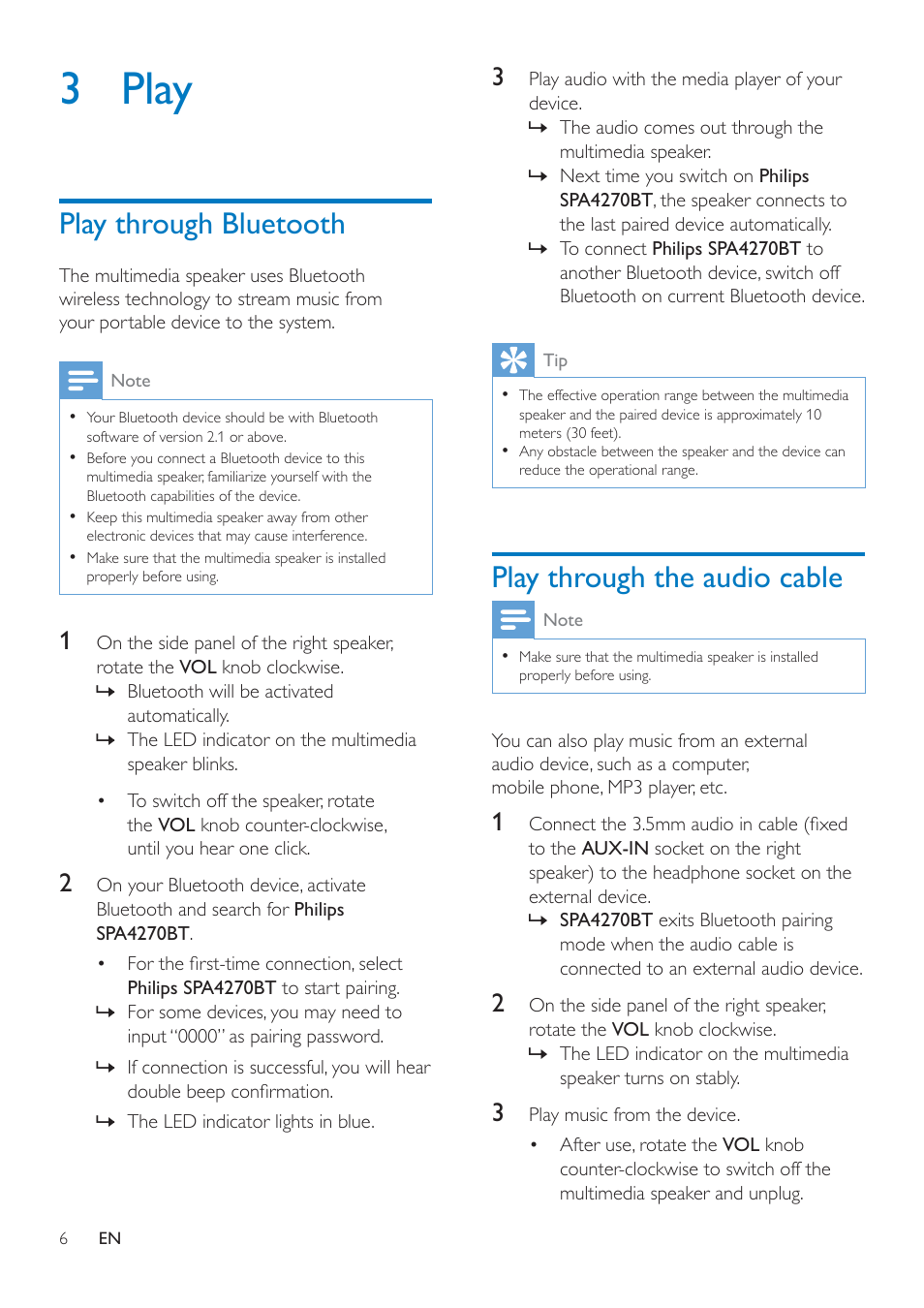 3 play, Play through bluetooth, Play through the audio cable | Philips SPA4270BT-37 User Manual | Page 8 / 12