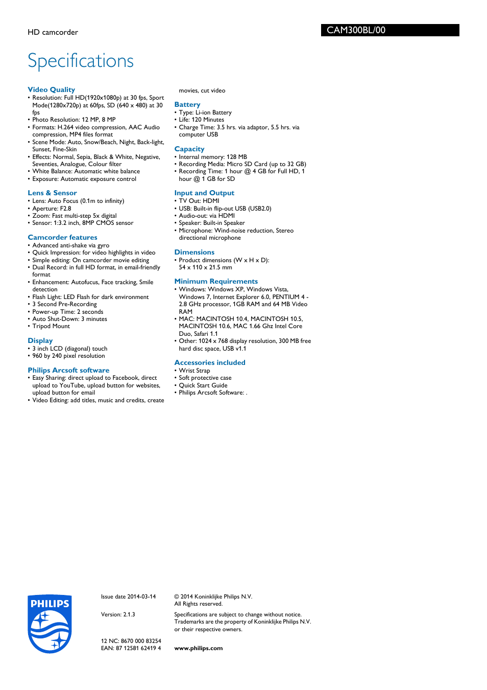 Specifications | Philips CAM300BL-00 User Manual | Page 3 / 3