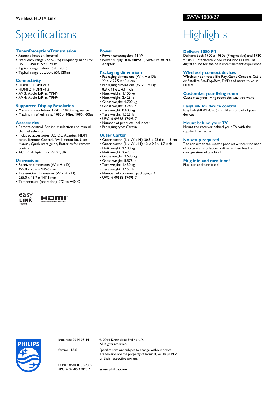 Specifications, Highlights | Philips SWW1800-27 User Manual | Page 2 / 2