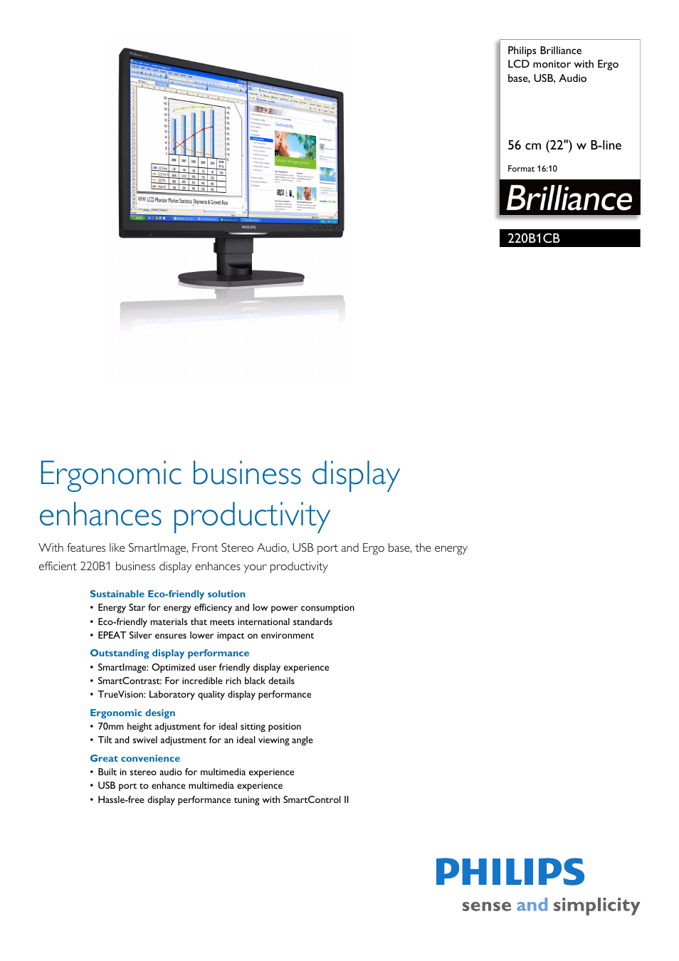 Philips Brilliance LCD monitor with Ergo base USB Audio 220B1CB 22"w B-line 1680x1050 - Format 1610 User Manual | 3 pages