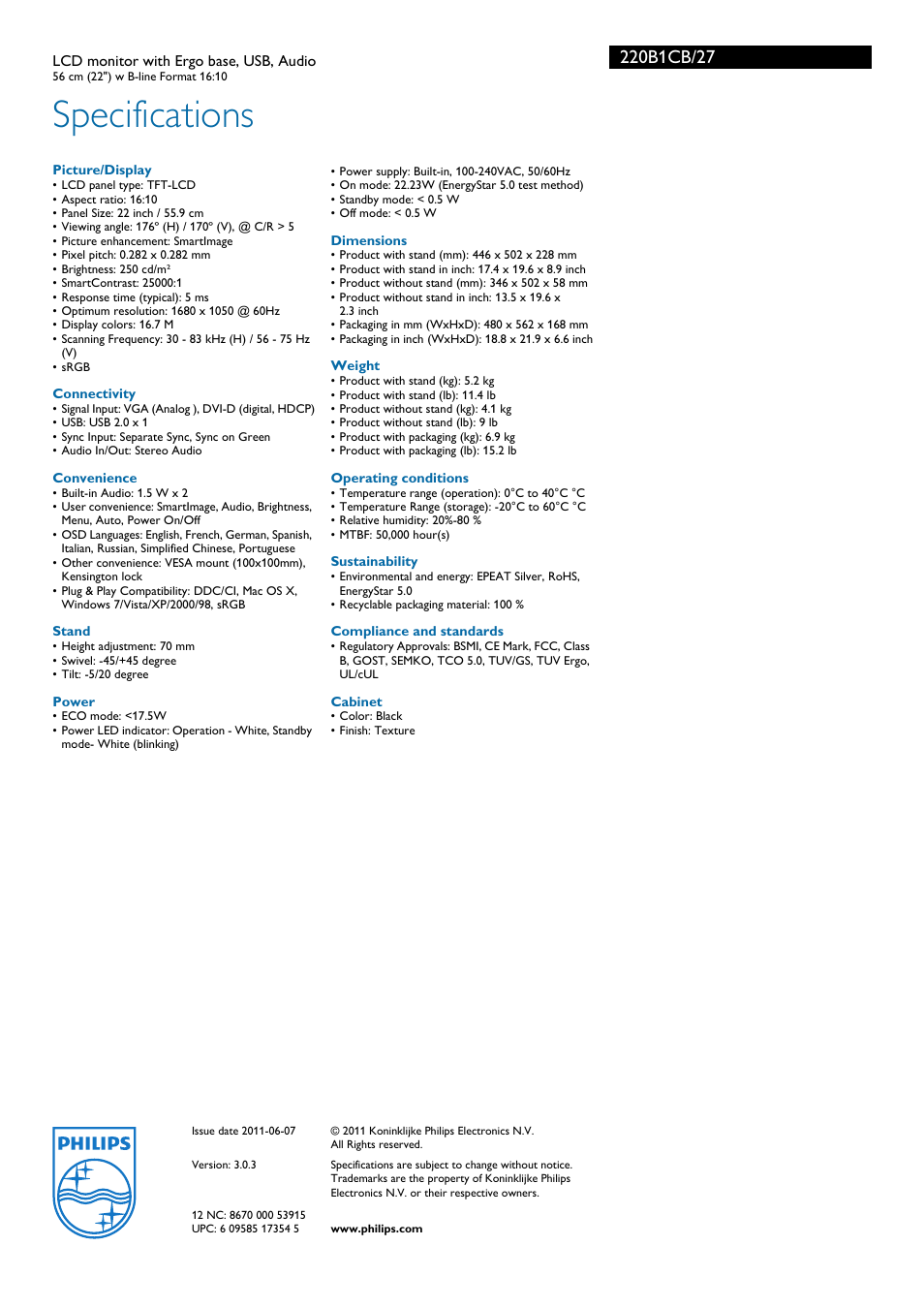 Specifications | Philips Brilliance LCD monitor with Ergo base USB Audio 220B1CB 22"w B-line 1680x1050 - Format 1610 User Manual | Page 3 / 3