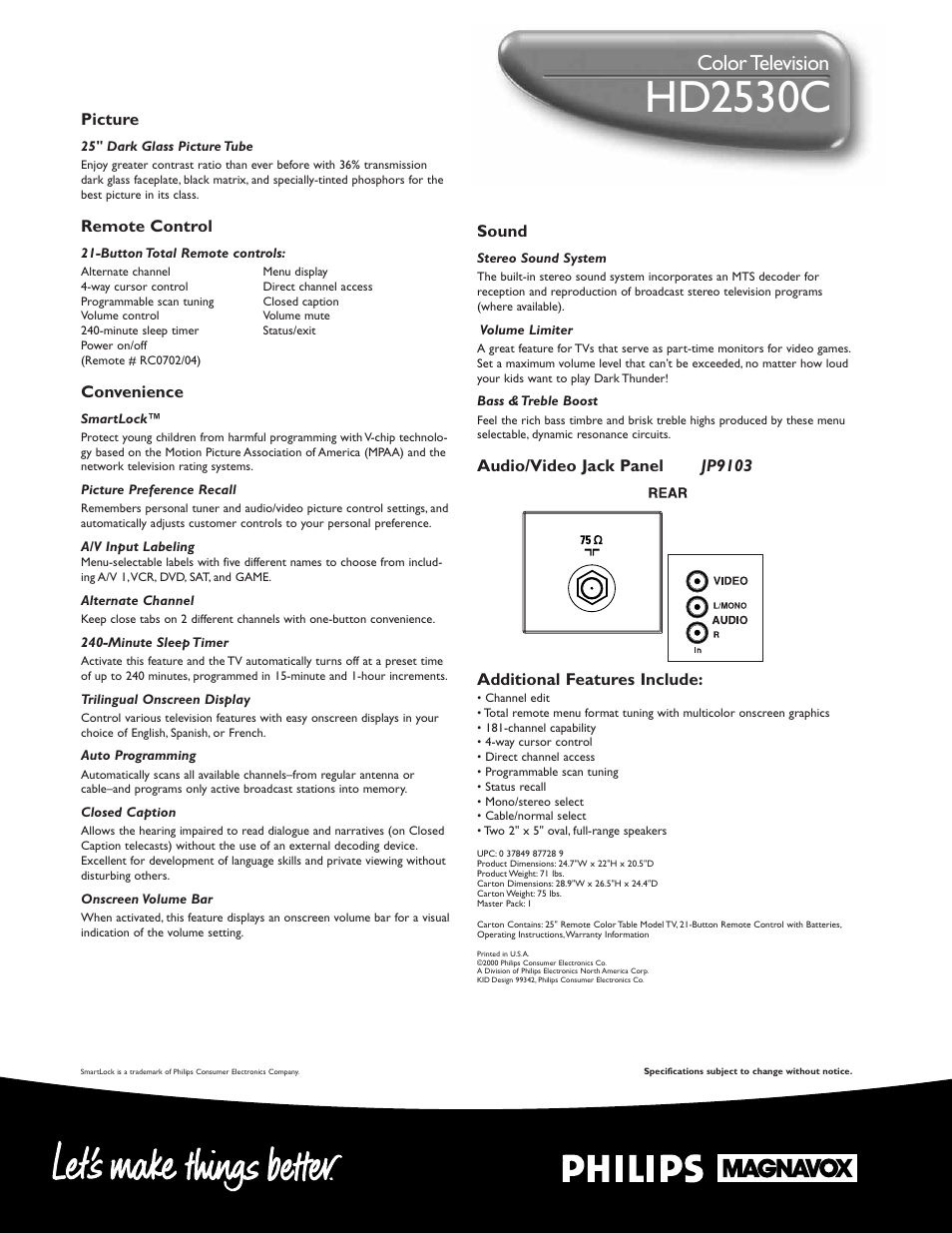 Hd2530c, Color television | Philips HD2530C User Manual | Page 2 / 2