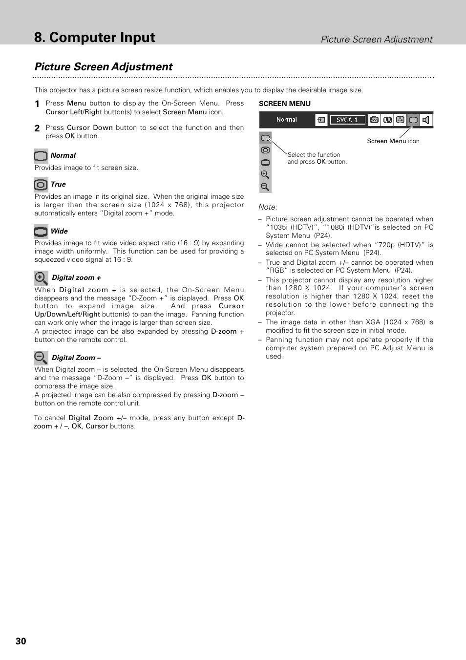 Computer input, Picture screen adjustment | Philips LC1345 User Manual | Page 30 / 52