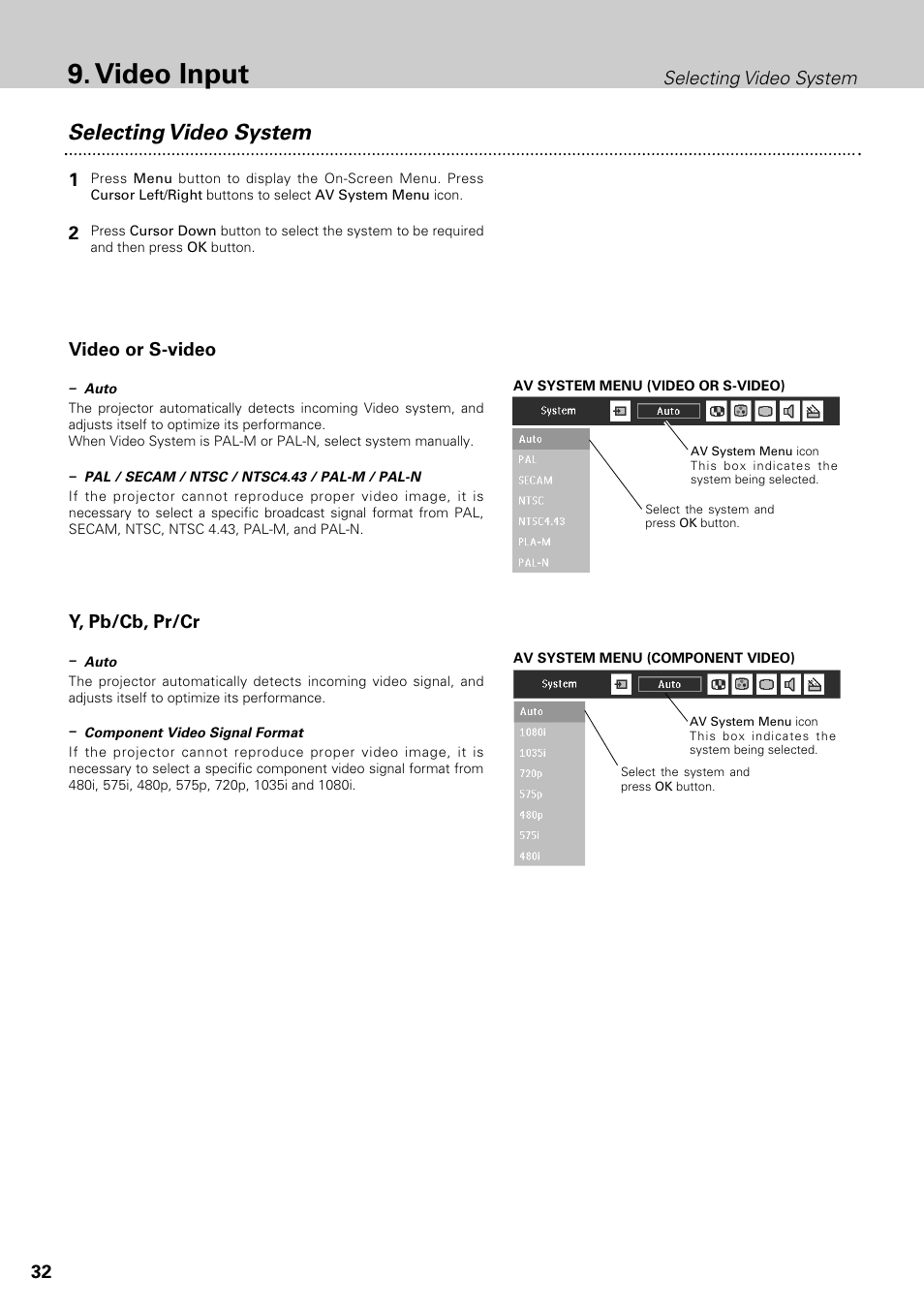 Video input, Selecting video system | Philips LC1345 User Manual | Page 32 / 52