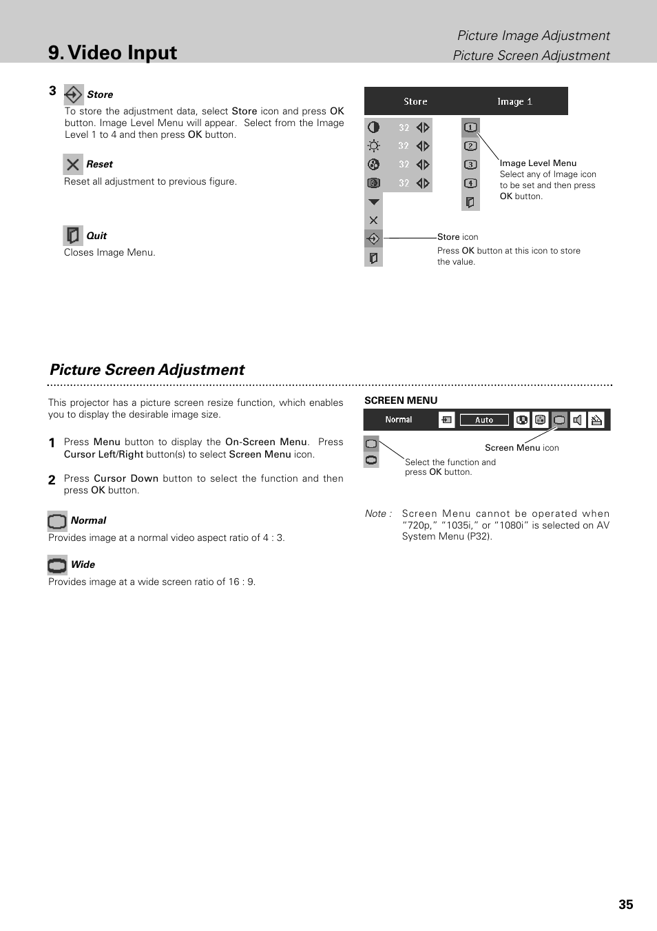 Video input, Picture screen adjustment | Philips LC1345 User Manual | Page 35 / 52