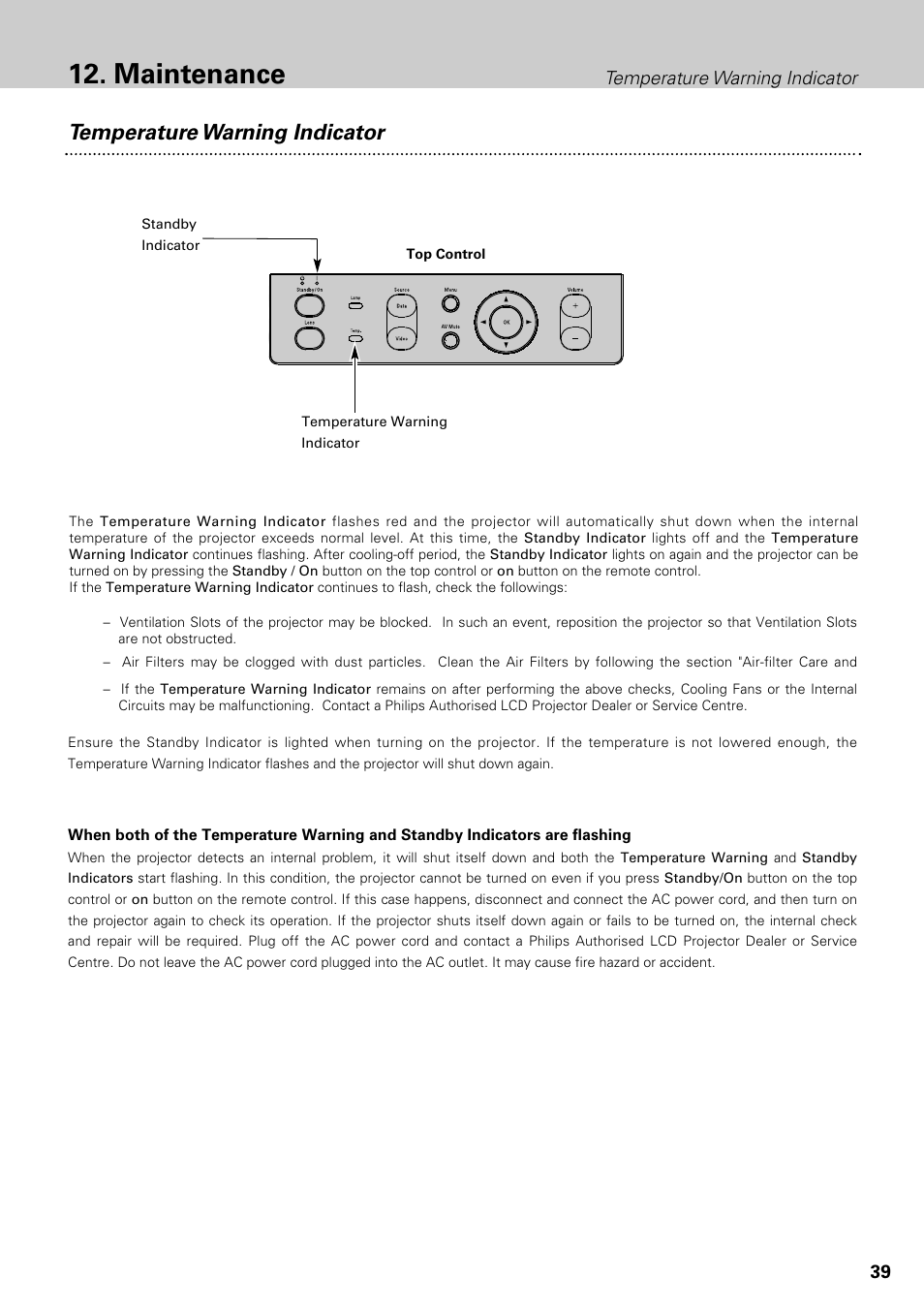 Maintenance, Temperature warning indicator | Philips LC1345 User Manual | Page 39 / 52