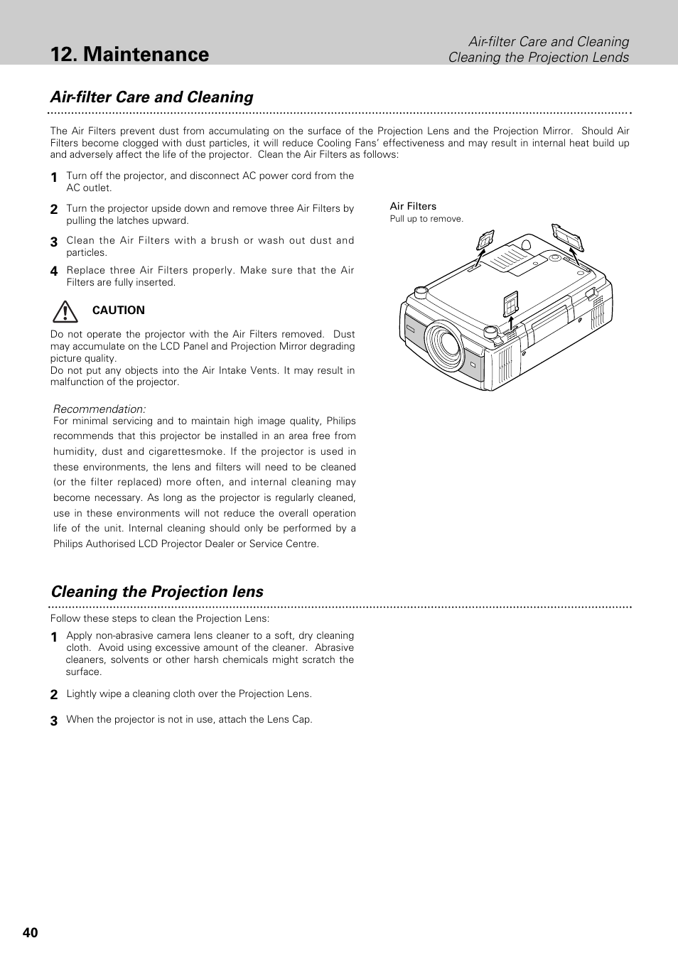 Maintenance, Cleaning the projection lens, Air-filter care and cleaning | Philips LC1345 User Manual | Page 40 / 52