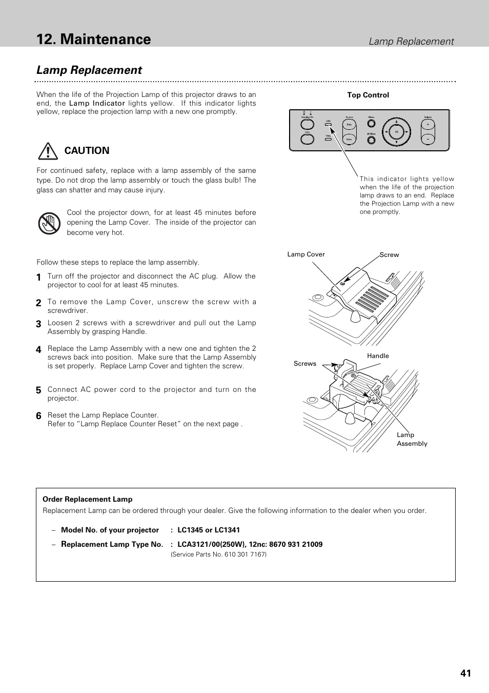 Maintenance, Lamp replacement, Caution | Philips LC1345 User Manual | Page 41 / 52