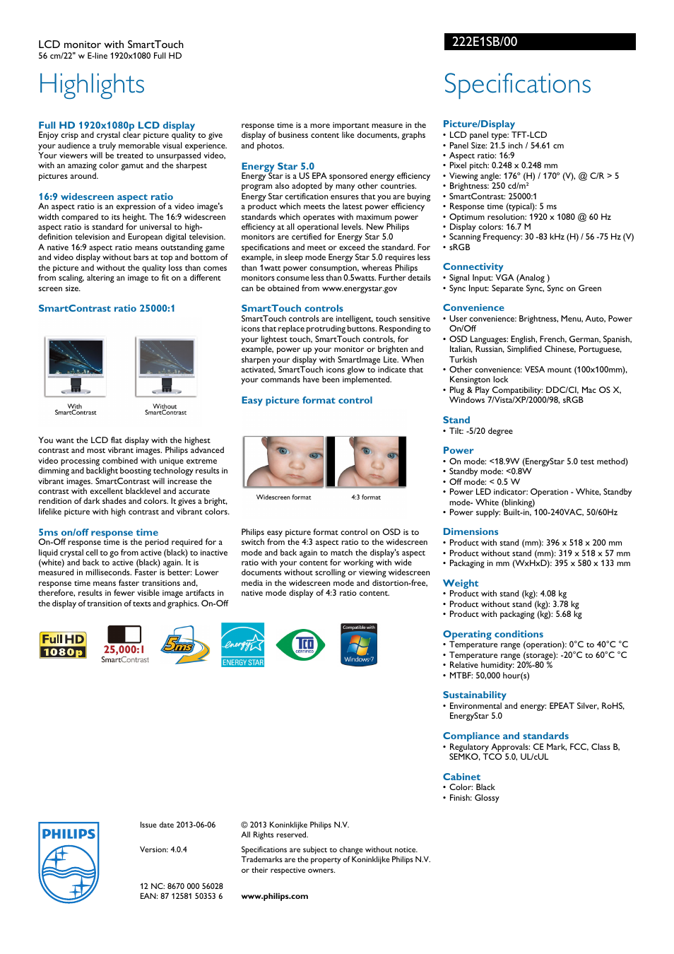 Highlights, Specifications | Philips 222E1SB-00 User Manual | Page 2 / 2