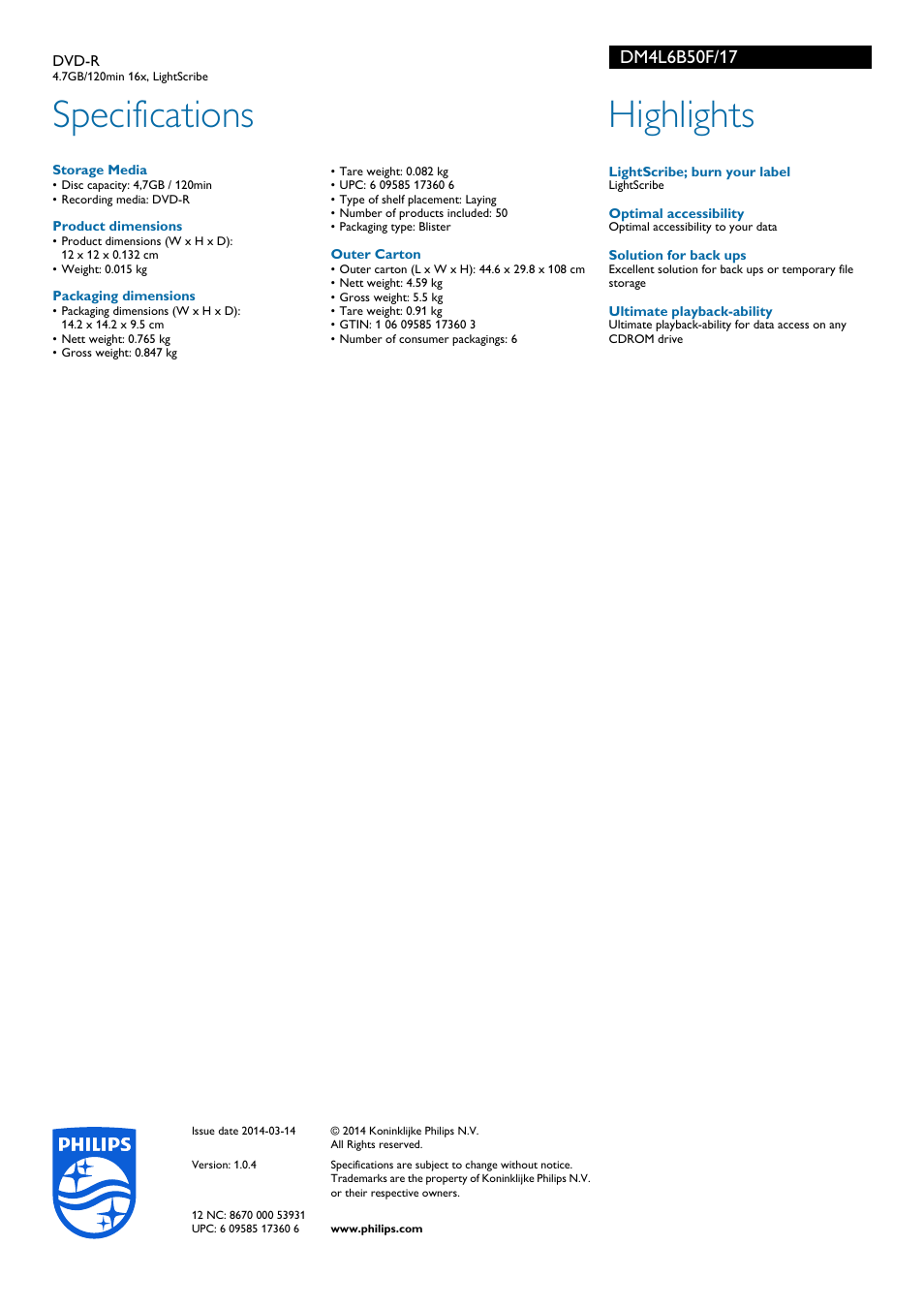 Specifications, Highlights | Philips DM4L6B50F-17 User Manual | Page 2 / 2