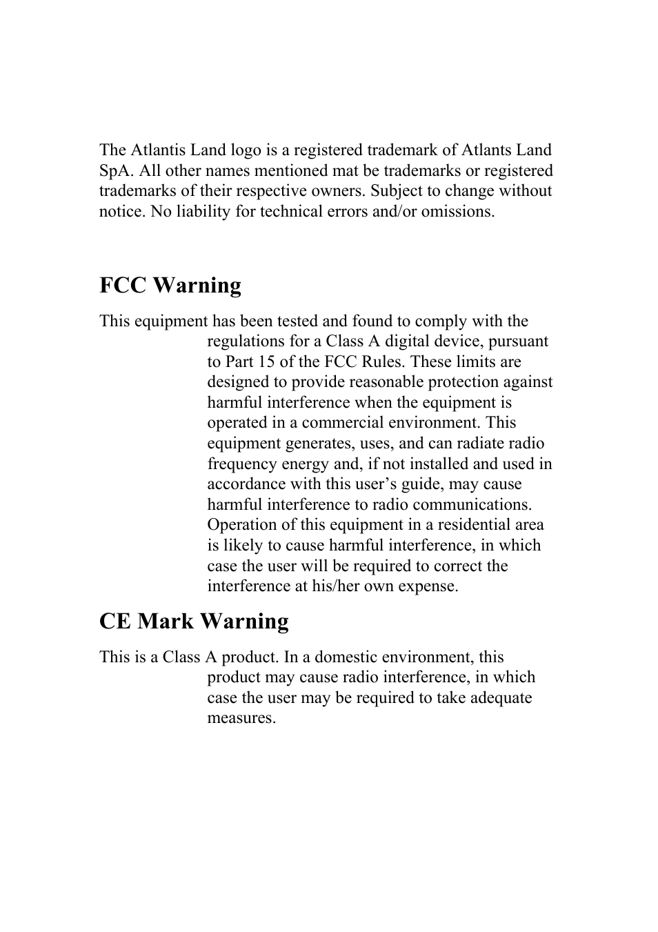 Fcc warning, Ce mark warning | Atlantis Land 10/100Mbps User Manual | Page 3 / 37