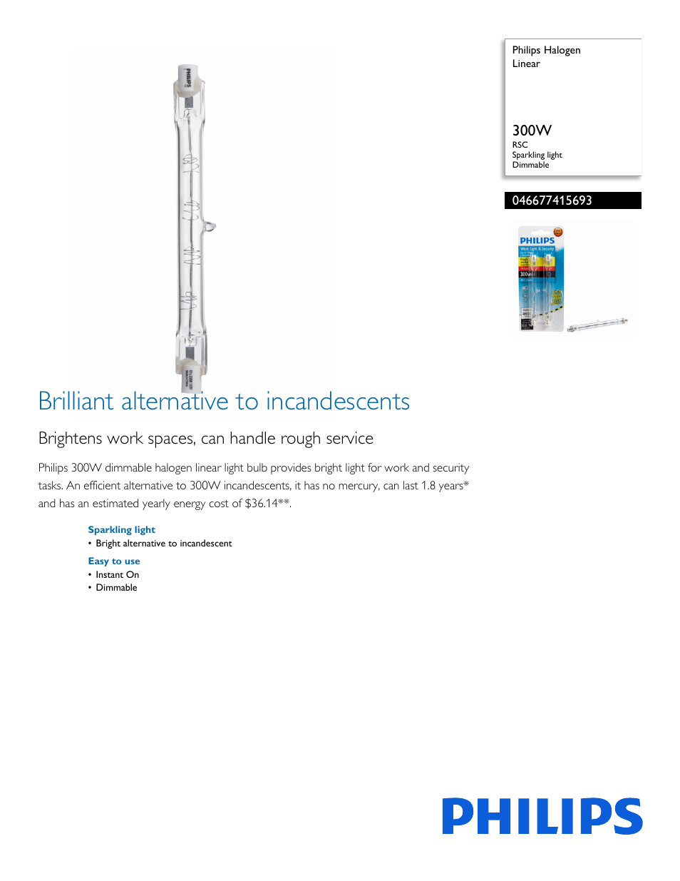 Philips Halogen Linear 046677415693 300W RSC Sparkling light Dimmable User Manual | 2 pages