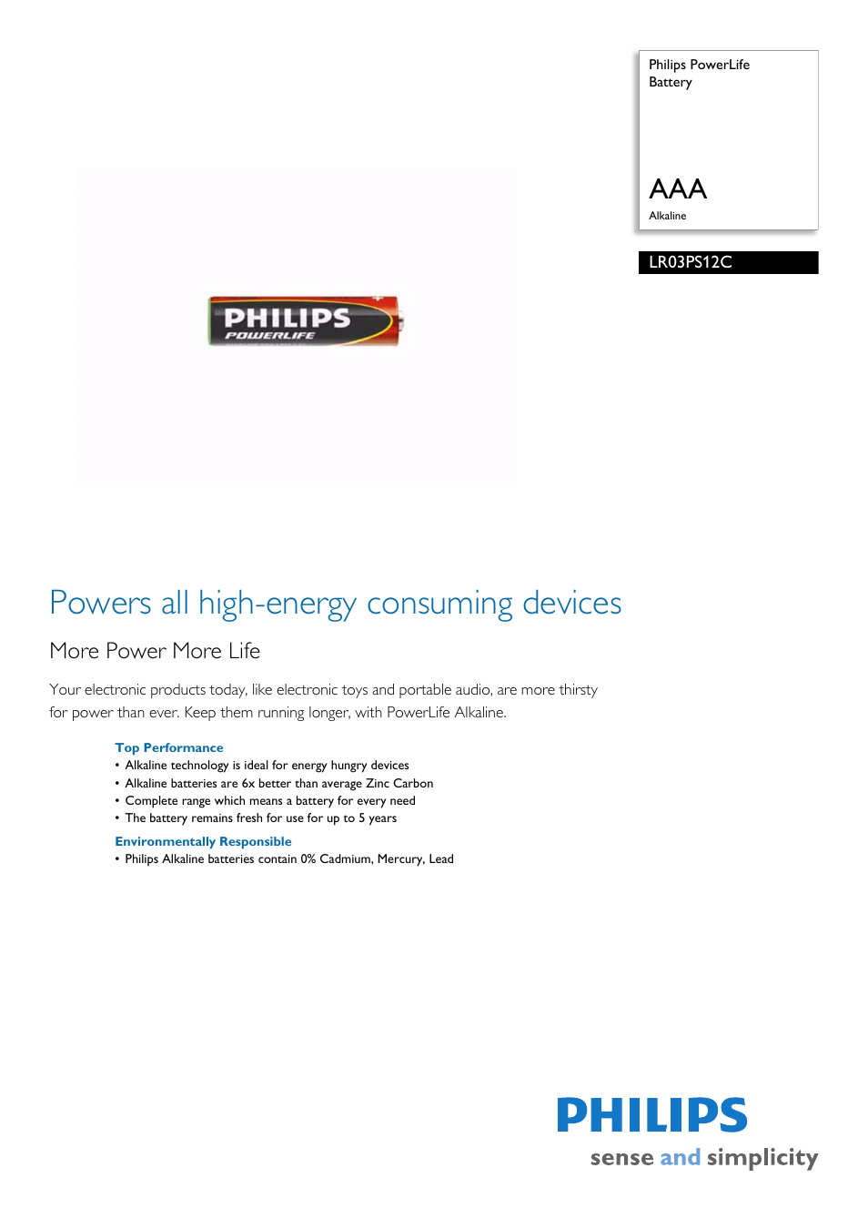 Philips PowerLife Battery LR03PS12C AAA Alkaline User Manual | 2 pages