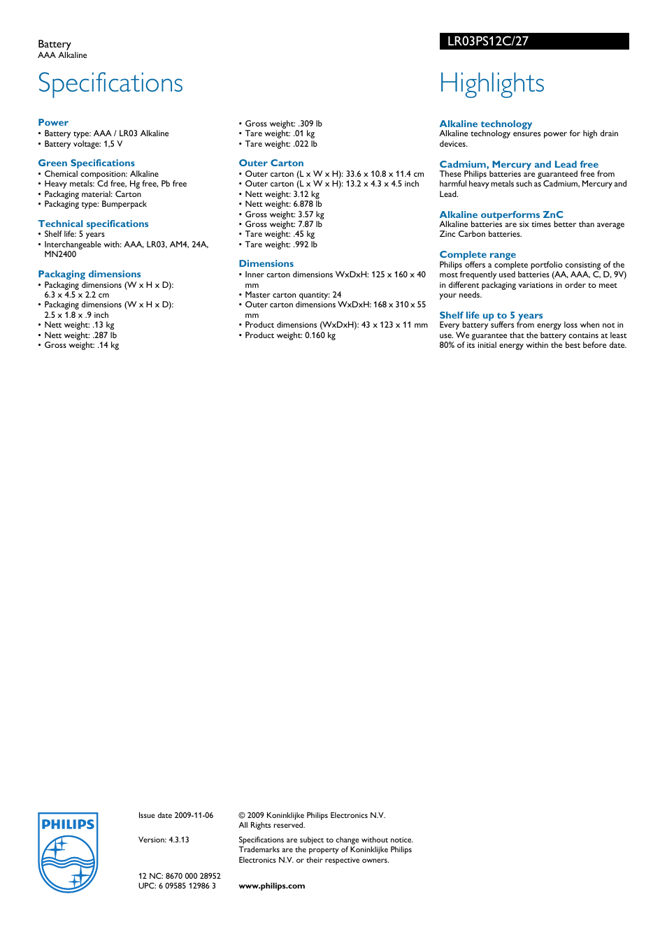 Specifications, Highlights | Philips PowerLife Battery LR03PS12C AAA Alkaline User Manual | Page 2 / 2
