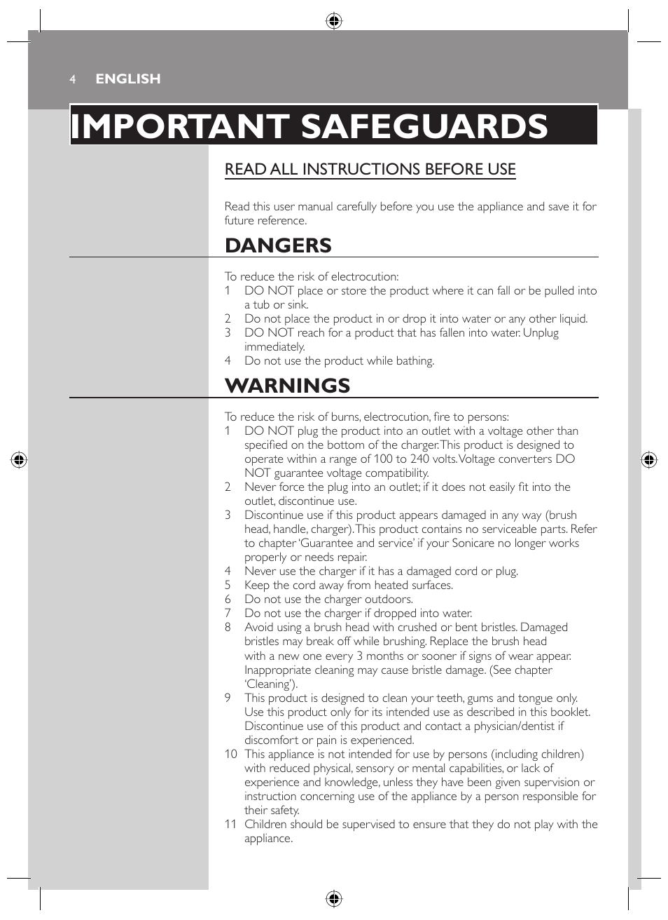 Important safeguards, Dangers, Warnings | Read all instructions before use | Philips HX6731-02 User Manual | Page 4 / 16