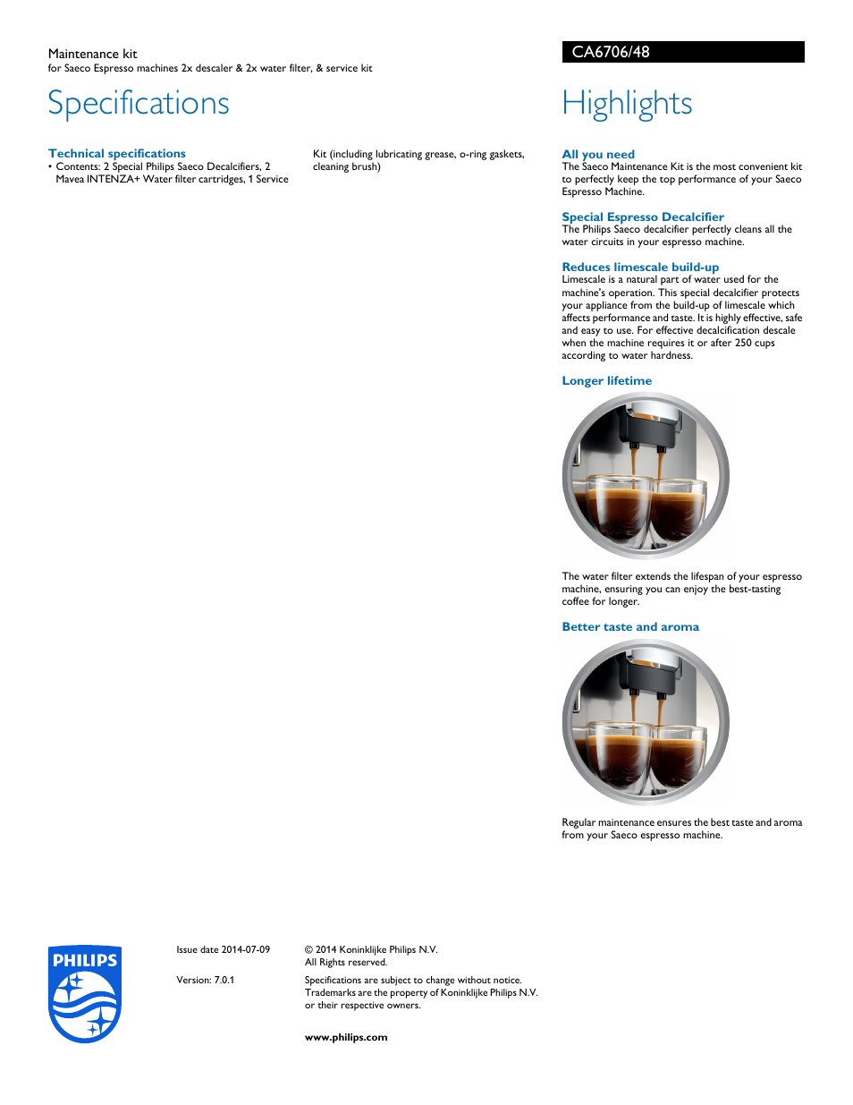 Specifications, Highlights | Philips CA6706-48 User Manual | Page 2 / 2