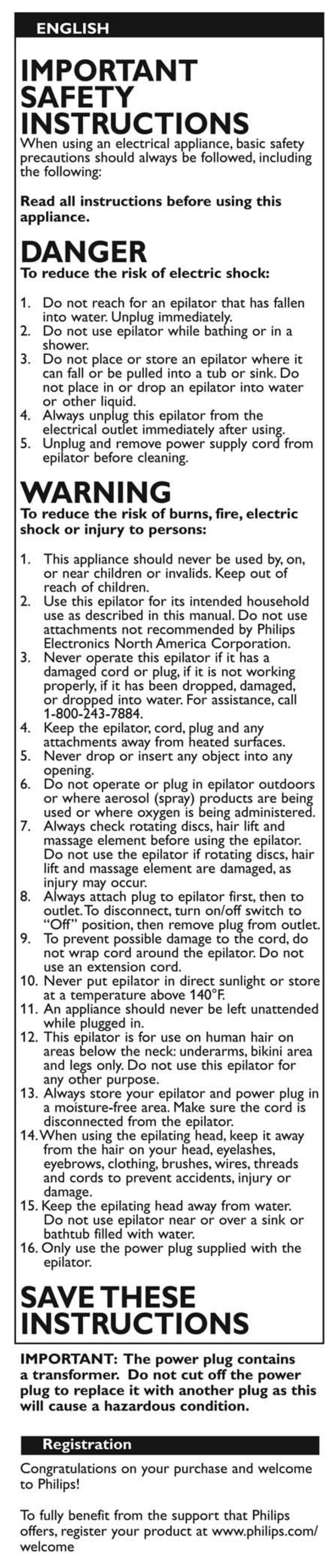 Important, Safety, Instructions | Danger, Warning, Savethese instructions, Important safety instructions | Philips HP6512-50 User Manual | Page 2 / 8