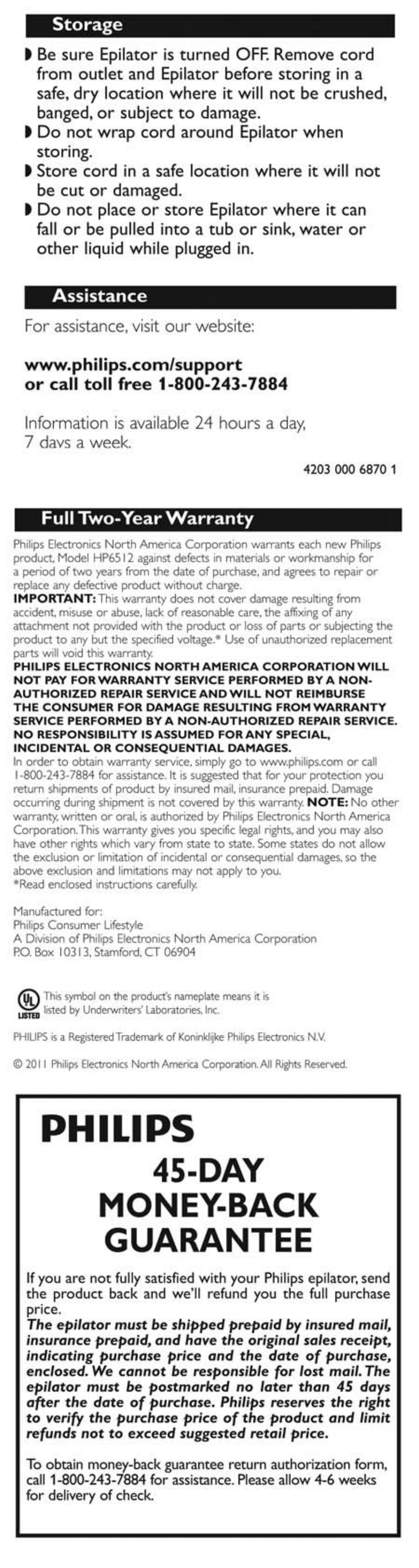 Storage, Assistance, Full two-year warranty | Philips, Day money-back guarantee | Philips HP6512-50 User Manual | Page 8 / 8