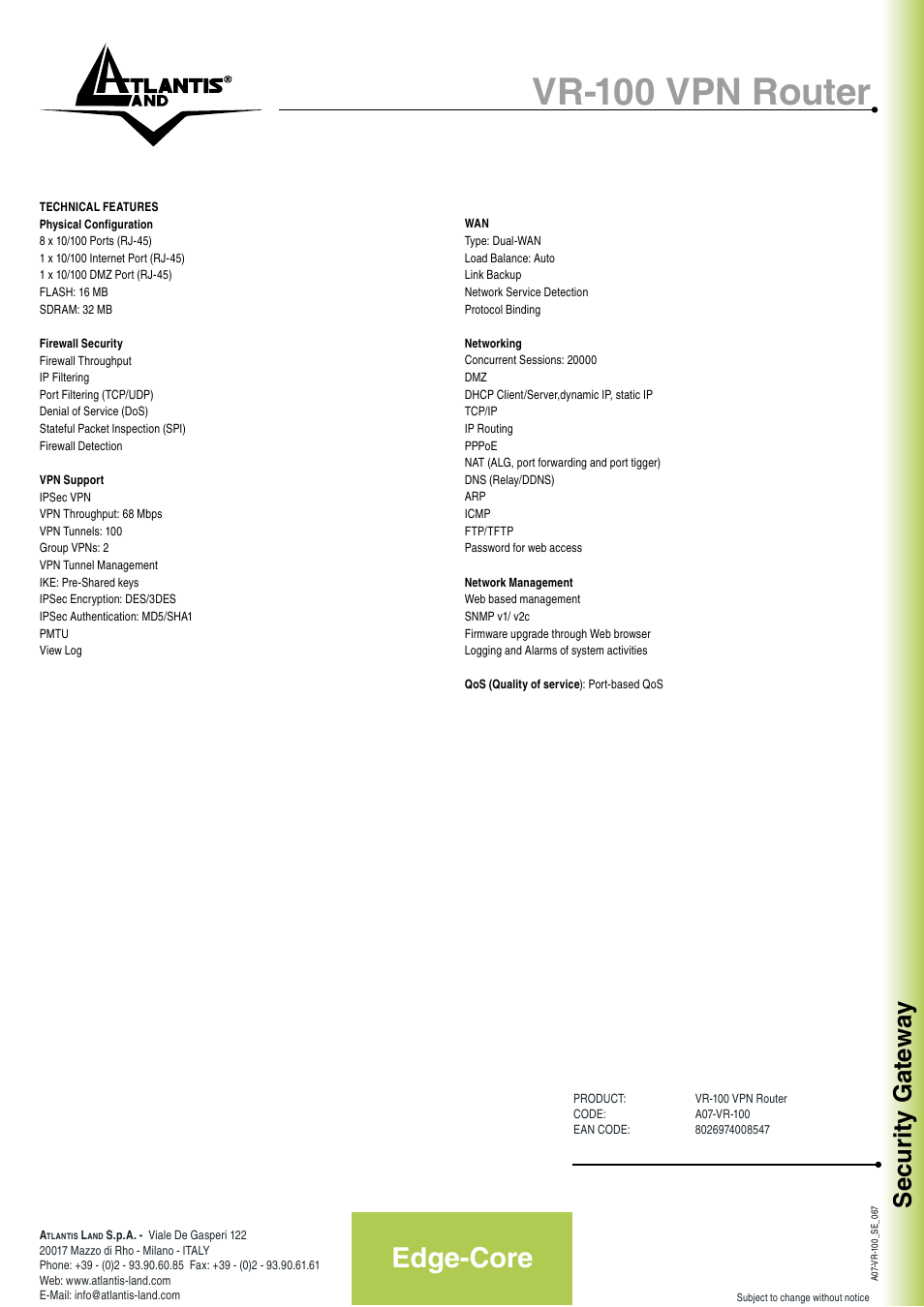 Vr-100 vpn router, Edge-core, Security gateway | Atlantis Land VR-100 VPN Router User Manual | Page 2 / 2