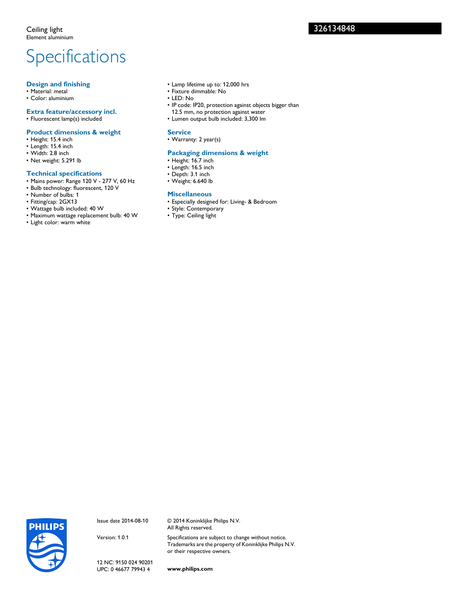 Specifications | Philips 326134848 User Manual | Page 2 / 2