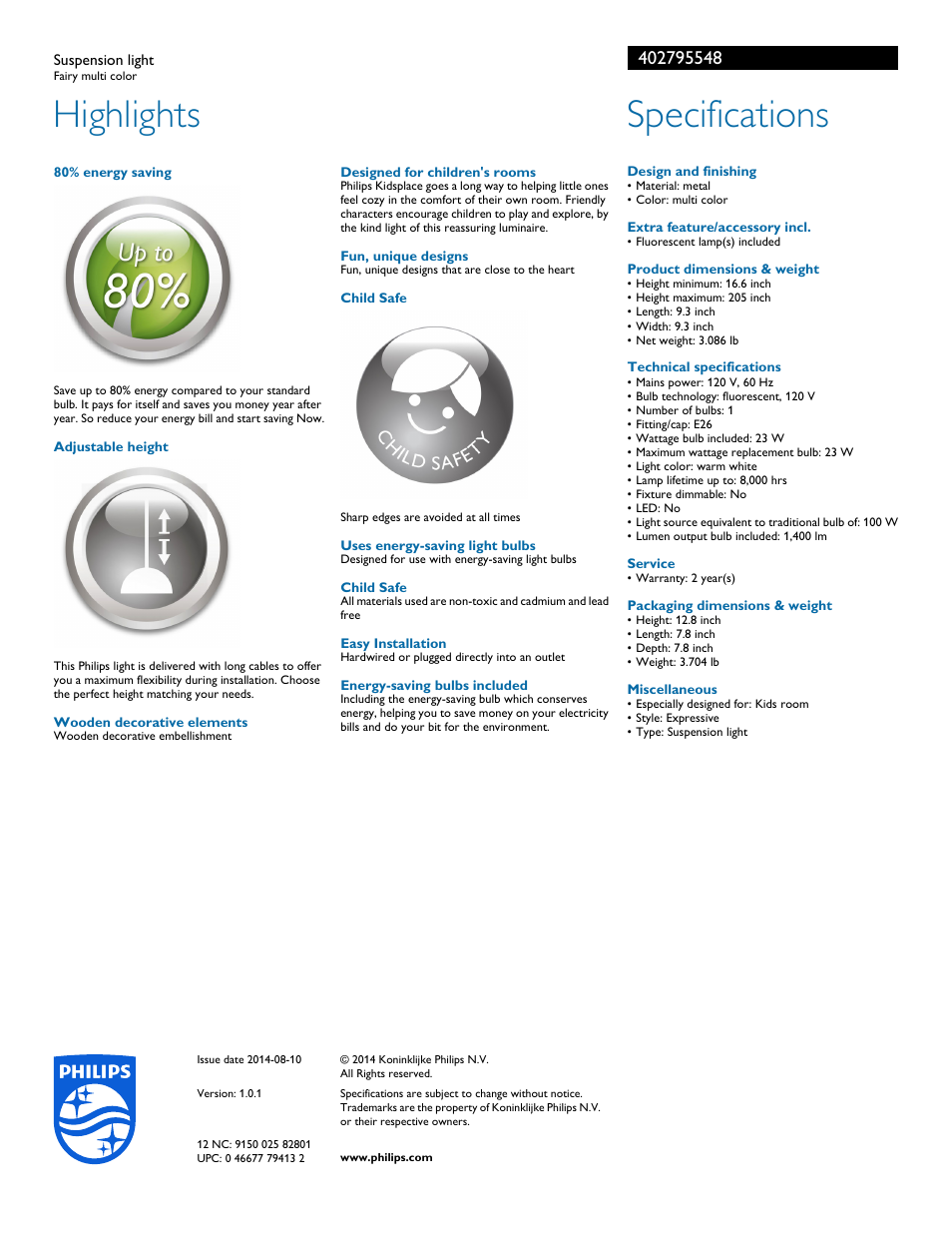 Highlights, Specifications | Philips 402795548 User Manual | Page 2 / 2