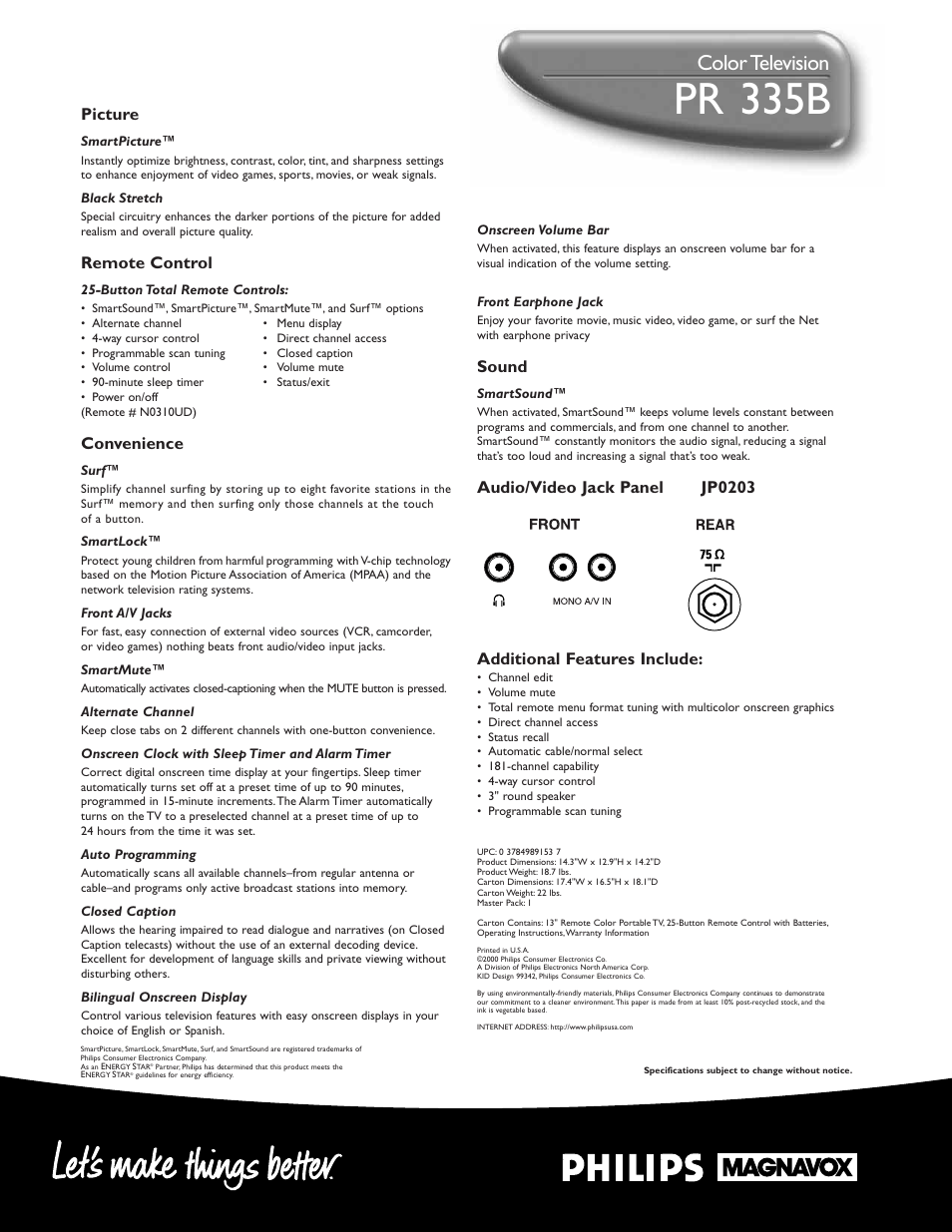 Pr 1 335b, Color television, Sound | Picture, Remote control, Convenience | Philips PR1335B User Manual | Page 2 / 2