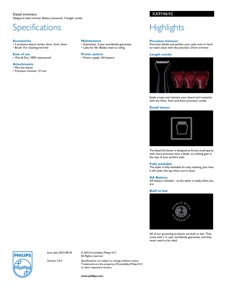 Specifications, Highlights | Philips XA9146-42 User Manual | Page 2 / 2