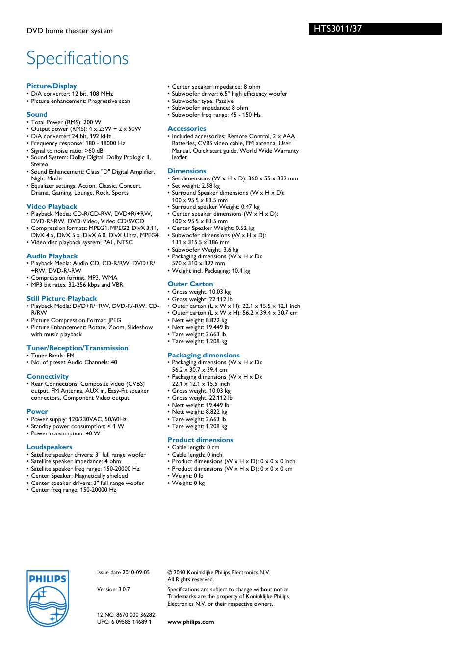 Specifications | Philips HTS3011-37B User Manual | Page 3 / 3