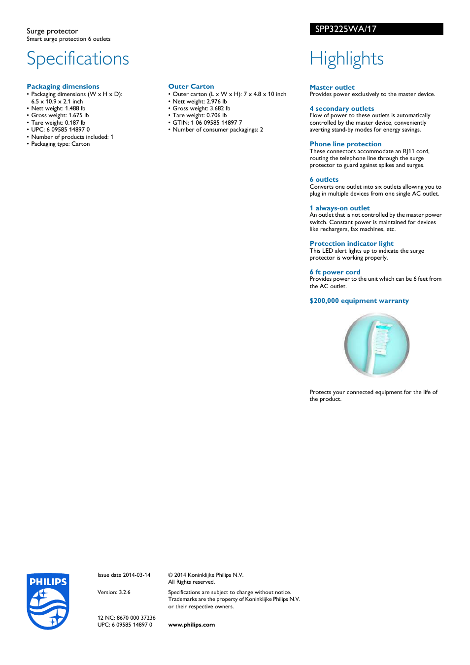 Specifications, Highlights | Philips SPP3225WA-17 User Manual | Page 2 / 2