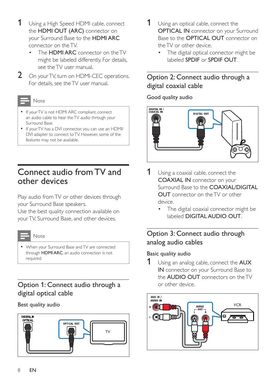 Connect audio from tv and other devices, Connect audio from tv and other devices 8 | Philips HTL4115B-F7 User Manual | Page 10 / 20