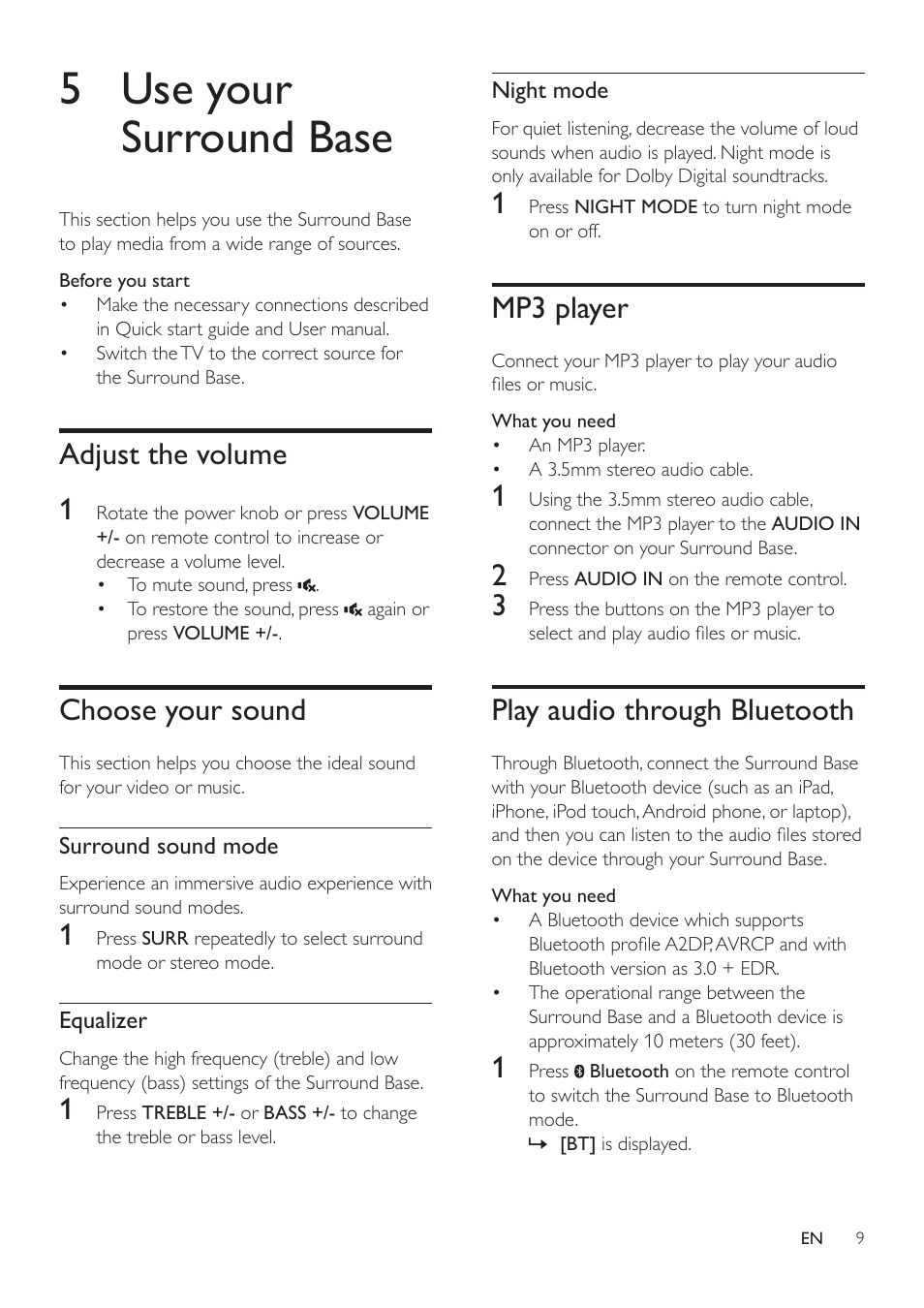 5 use your surround base, Adjust the volume, Choose your sound | Mp3 player, Play audio through bluetooth, Adjust the volume 1 | Philips HTL4115B-F7 User Manual | Page 11 / 20
