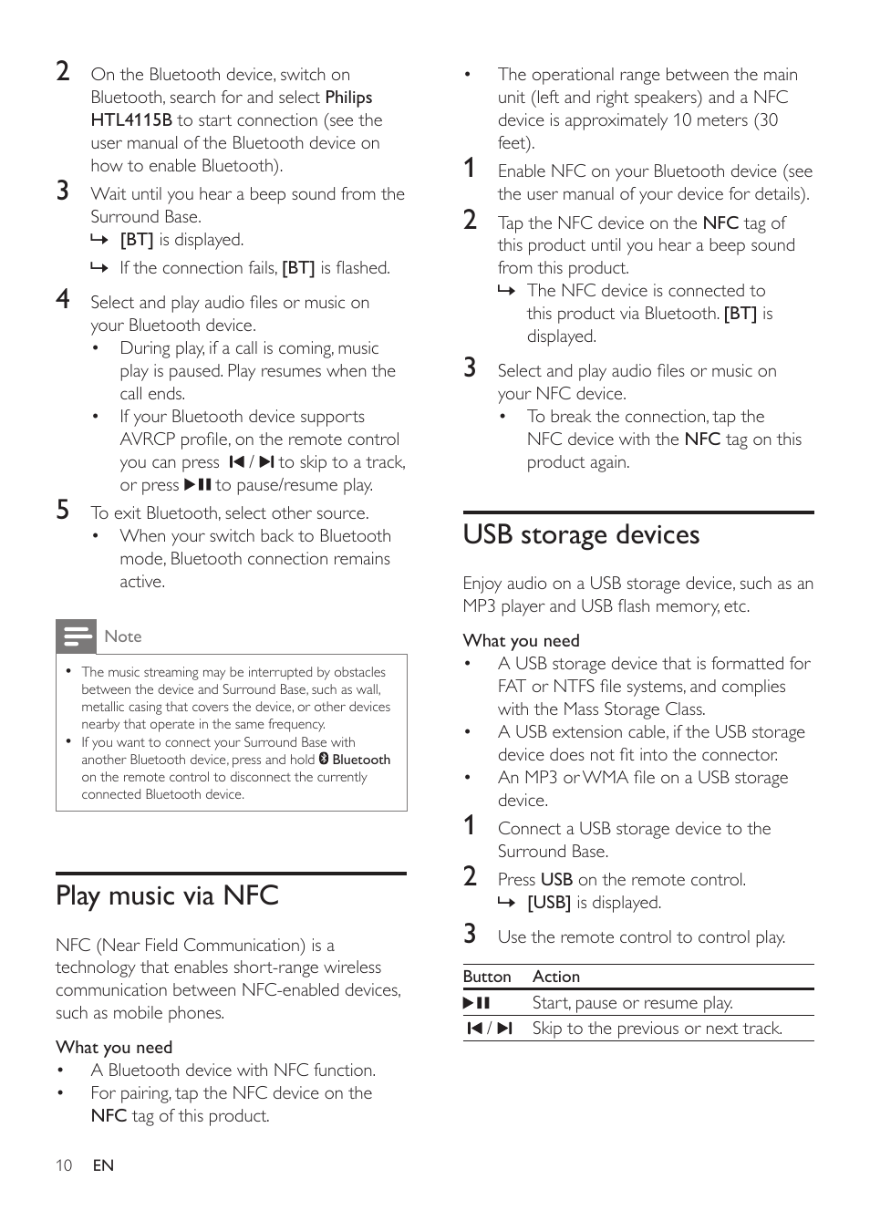 Play music via nfc, Usb storage devices | Philips HTL4115B-F7 User Manual | Page 12 / 20