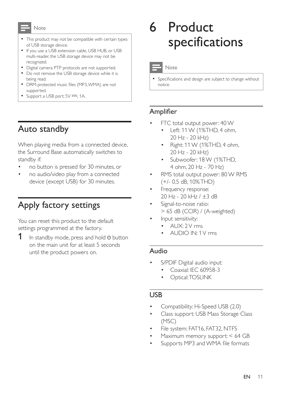 Auto standby, Apply factory settings, 6 product specifications | Amplifier, Audio | Philips HTL4115B-F7 User Manual | Page 13 / 20