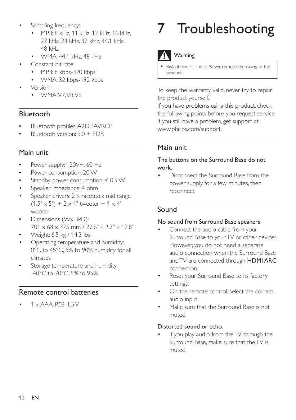 7 troubleshooting, Bluetooth, Main unit | Remote control batteries, Sound | Philips HTL4115B-F7 User Manual | Page 14 / 20