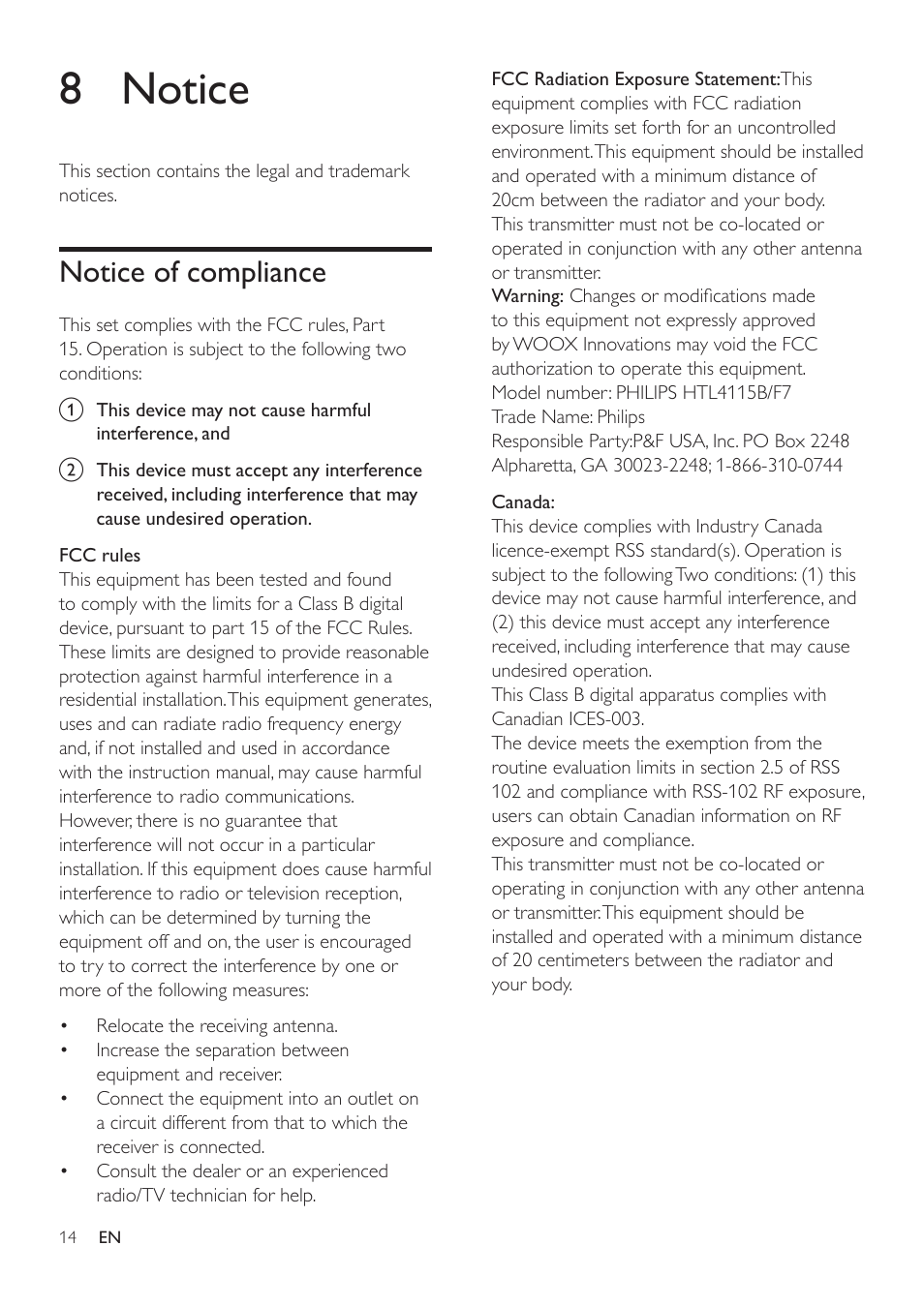 8 notice, Notice of compliance | Philips HTL4115B-F7 User Manual | Page 16 / 20