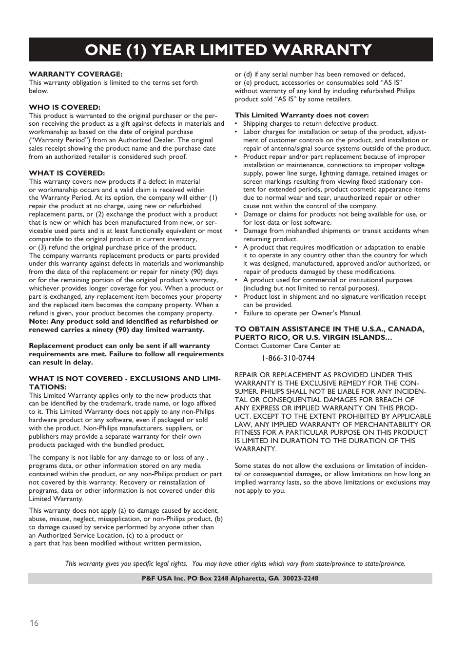 One (1) year limited warranty | Philips HTL4115B-F7 User Manual | Page 18 / 20