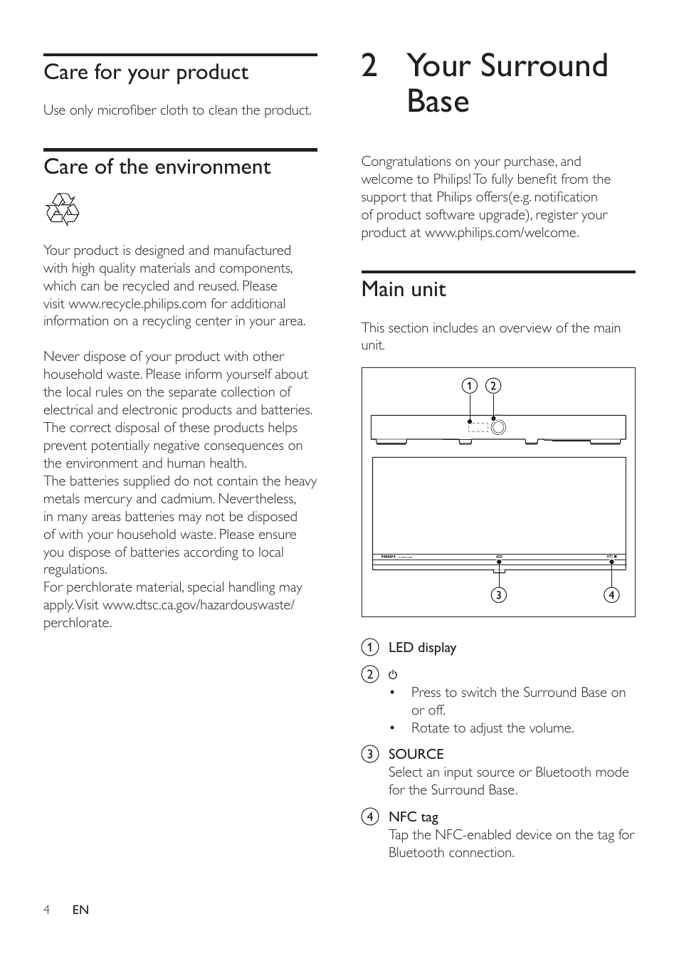 Care for your product, Care of the environment, 2 your surround base | Main unit | Philips HTL4115B-F7 User Manual | Page 6 / 20