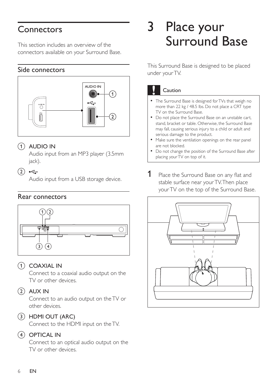 Connectors, 3 place your surround base | Philips HTL4115B-F7 User Manual | Page 8 / 20