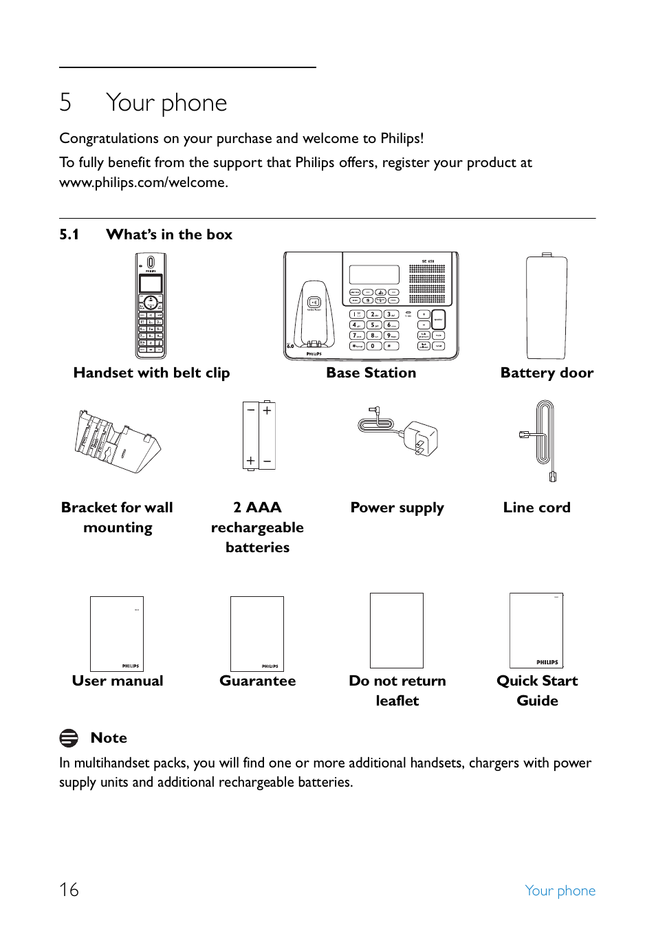5 your phone, 1 what’s in the box, Your phone | What’s in the box, 5your phone | Philips SE6581B-17 User Manual | Page 18 / 76