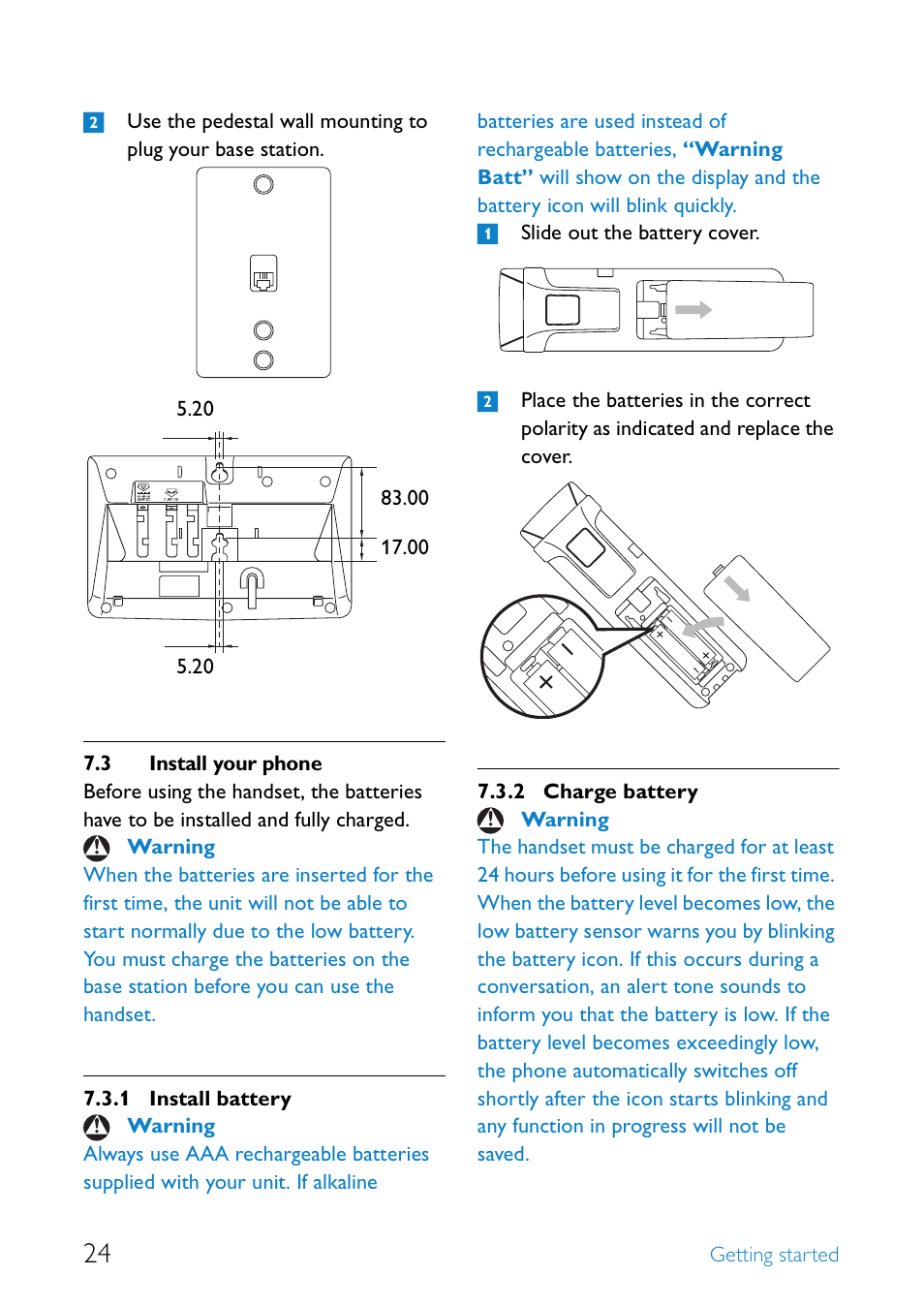 3 install your phone, Install your phone, Install battery | Charge battery | Philips SE6581B-17 User Manual | Page 26 / 76