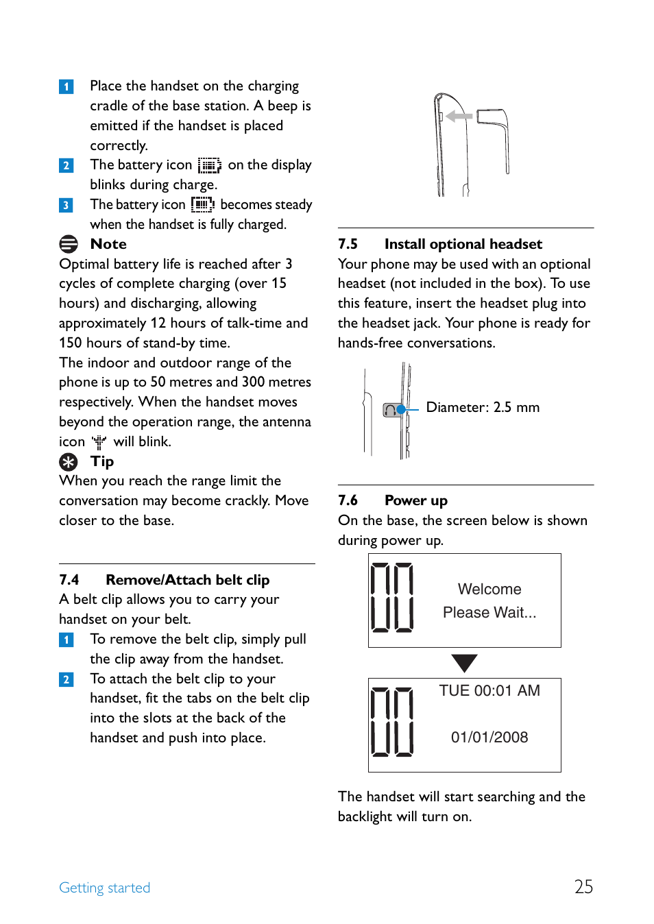 4 remove/attach belt clip, 5 install optional headset, 6 power up | Remove/attach belt clip, Install optional headset, Power up | Philips SE6581B-17 User Manual | Page 27 / 76
