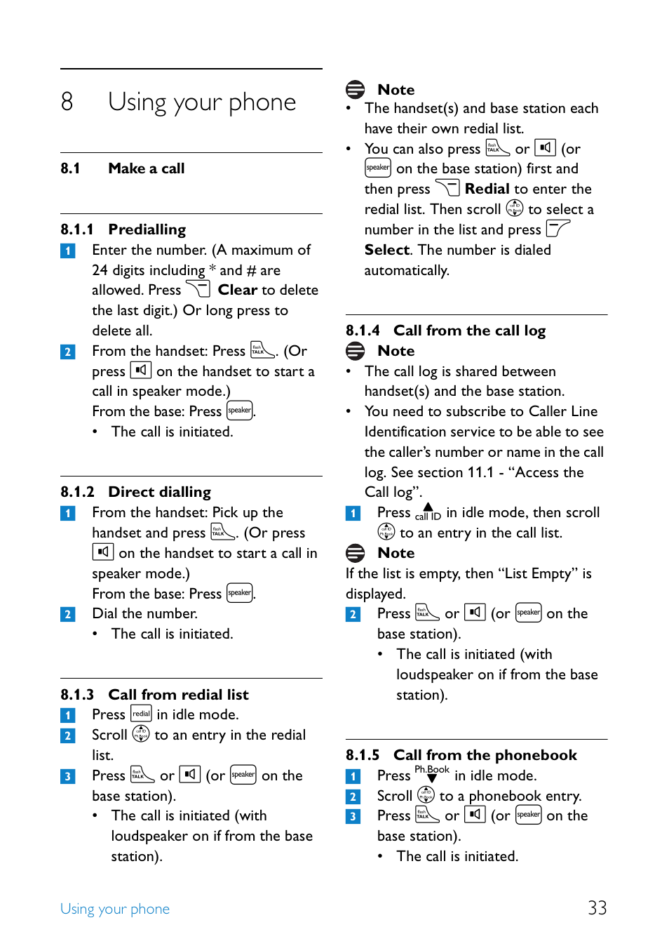 8 using your phone, 1 make a call, Using your phone | Make a call, Predialling, Direct dialling, Call from redial list, Call from the call log, Call from the phonebook, 8using your phone | Philips SE6581B-17 User Manual | Page 35 / 76