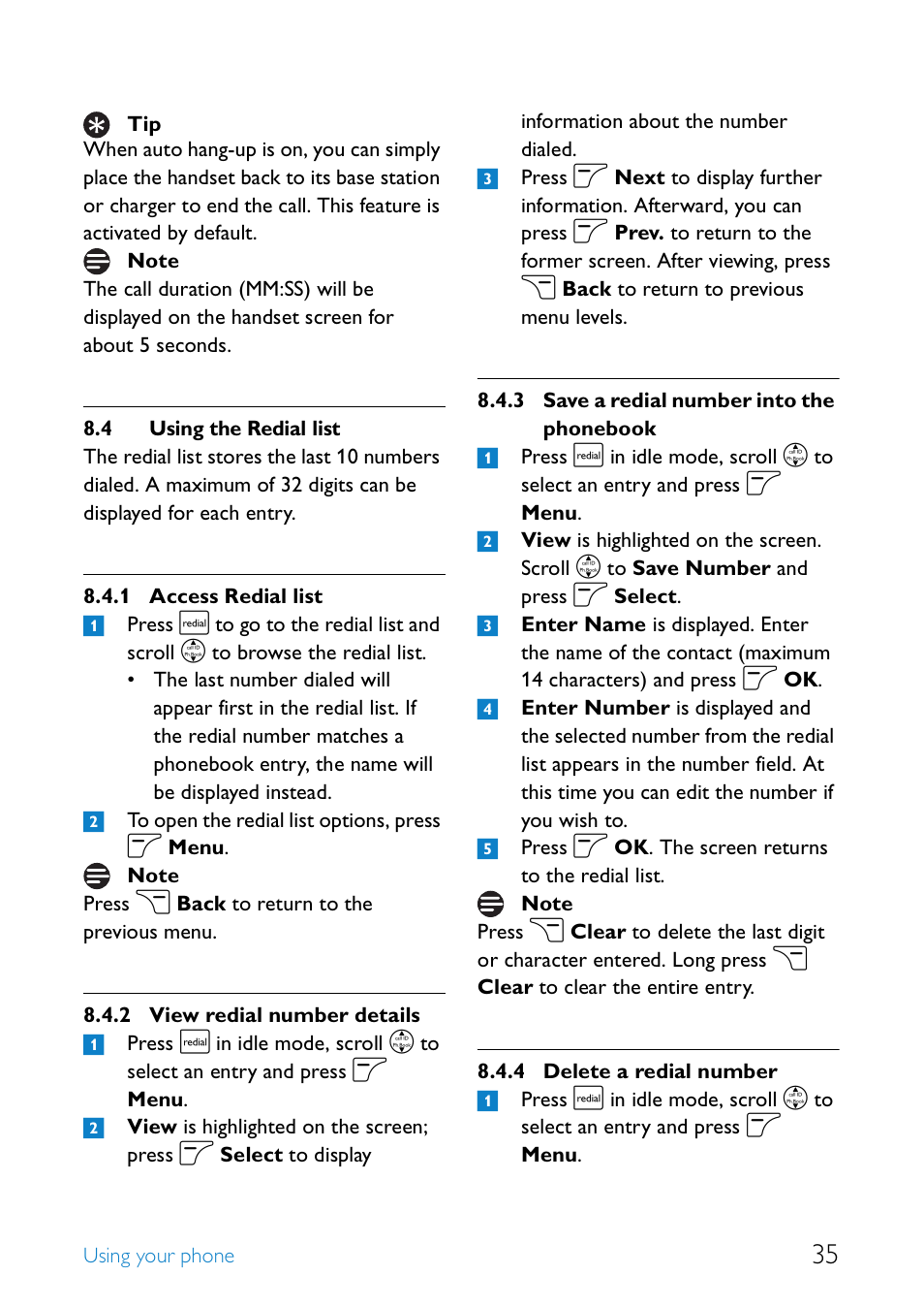4 using the redial list, Using the redial list, Access redial list | View redial number details 35, Save a redial number into the phonebook, Delete a redial number | Philips SE6581B-17 User Manual | Page 37 / 76