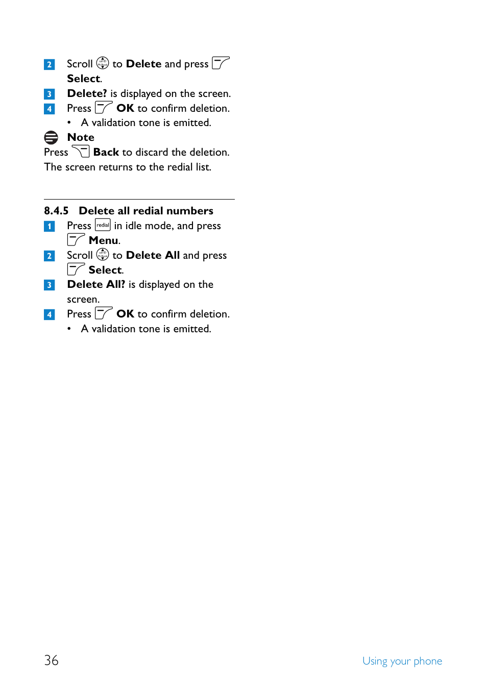Delete all redial numbers | Philips SE6581B-17 User Manual | Page 38 / 76